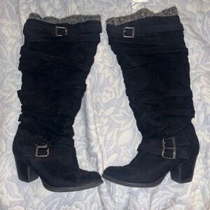 JustFab Black Suede Mid-Calf Buckle Heeled Boots